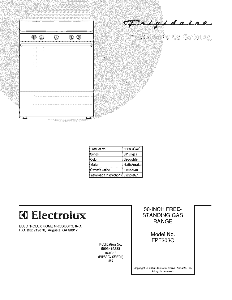 COVER Diagram and Parts List for FPF303CWC  Frigidaire Range