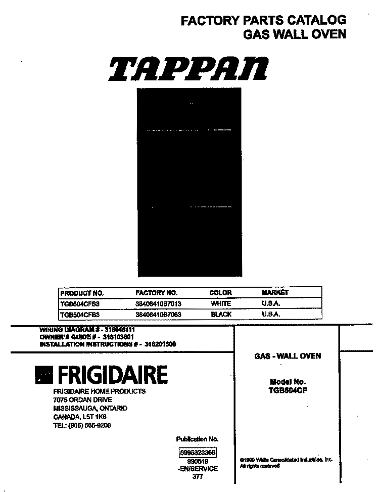 COVER Diagram and Parts List for TGB504CFB3  Tappan Wall Oven