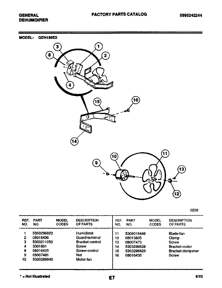 FAN Diagram and Parts List for GDH15E2  Frigidaire Dehumidifier