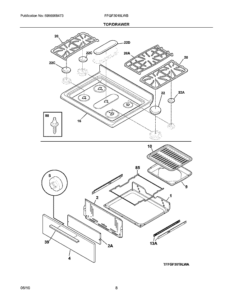 TOP/DRAWER Diagram and Parts List for FFGF3019LWB  Frigidaire Range