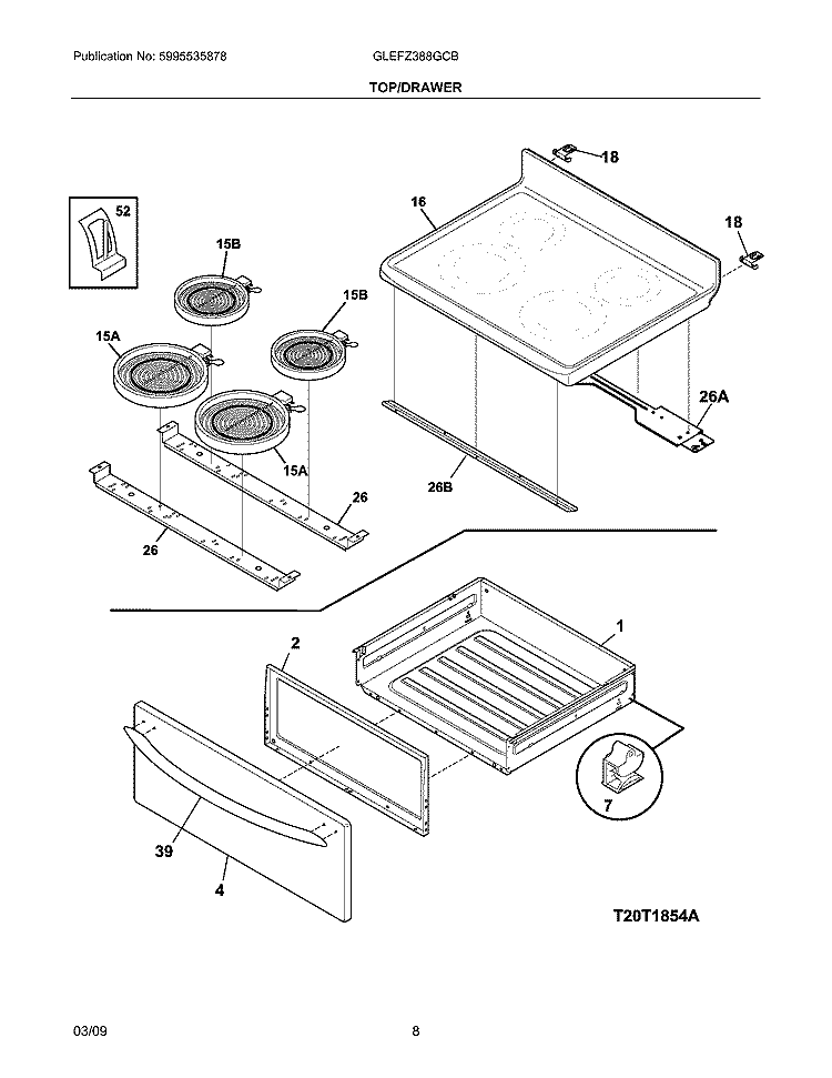 TOP/DRAWER Diagram and Parts List for GLEFZ388GCB  Frigidaire Range
