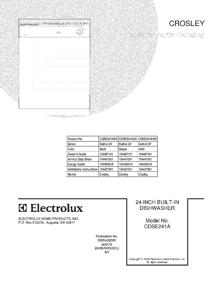 COVER Diagram and Parts List for CDBE241AW0  Crosley Dishwasher
