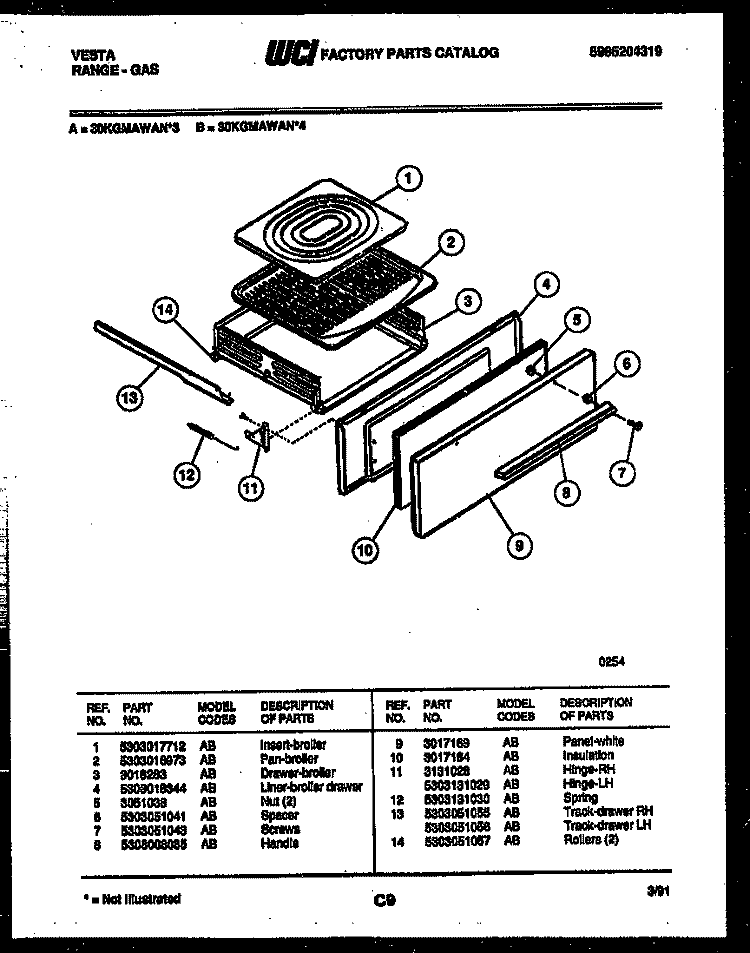 BROILER DRAWER PARTS Diagram and Parts List for 30KGMAWAN4  Tappan Range