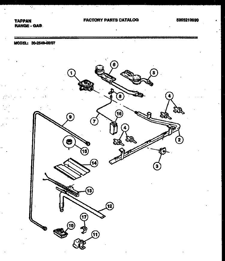 BURNER PARTS Diagram and Parts List for 30-2549-00-07  Tappan Range
