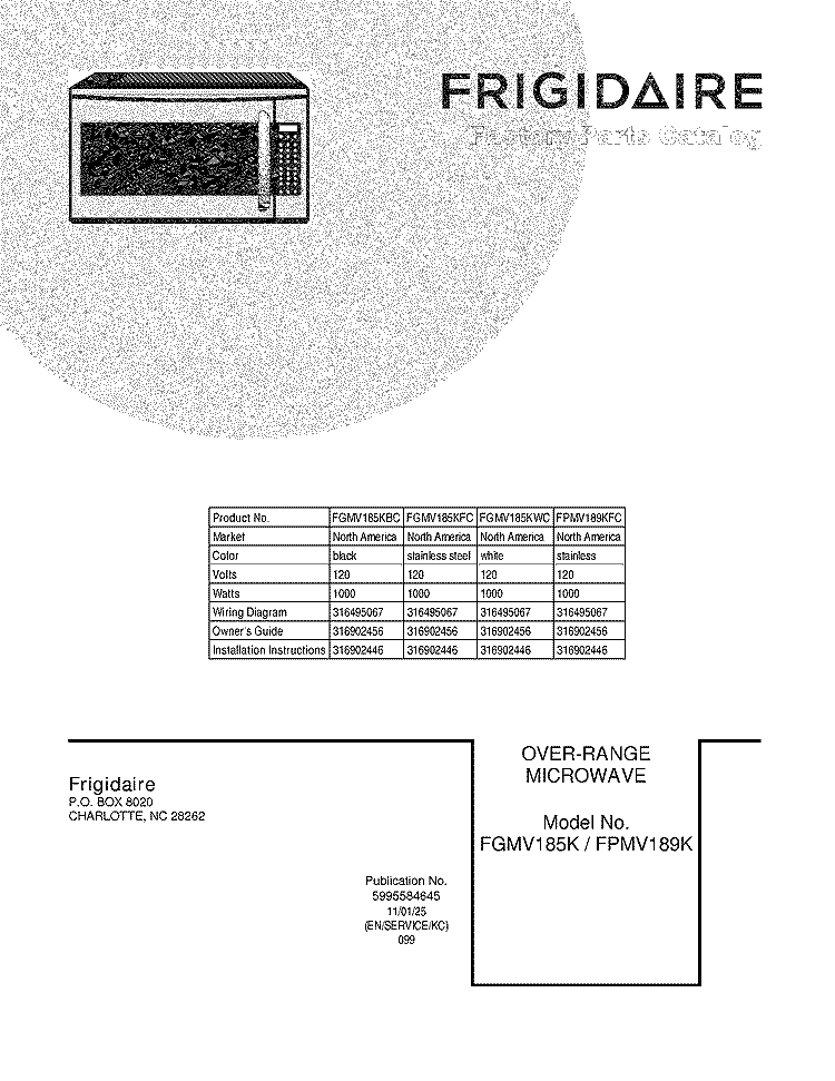 COVER Diagram and Parts List for FGMV185KWC  Frigidaire Microwave