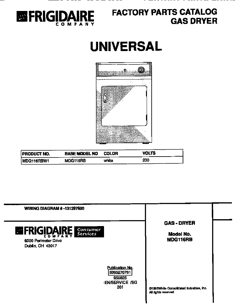 COVER Diagram and Parts List for MDG116RBW1  Frigidaire Dryer