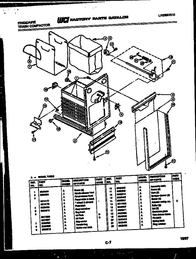 LATCH AND CONTAINER ASSEMBLY Diagram and Parts List for TC3D2  Frigidaire Trash Compactor
