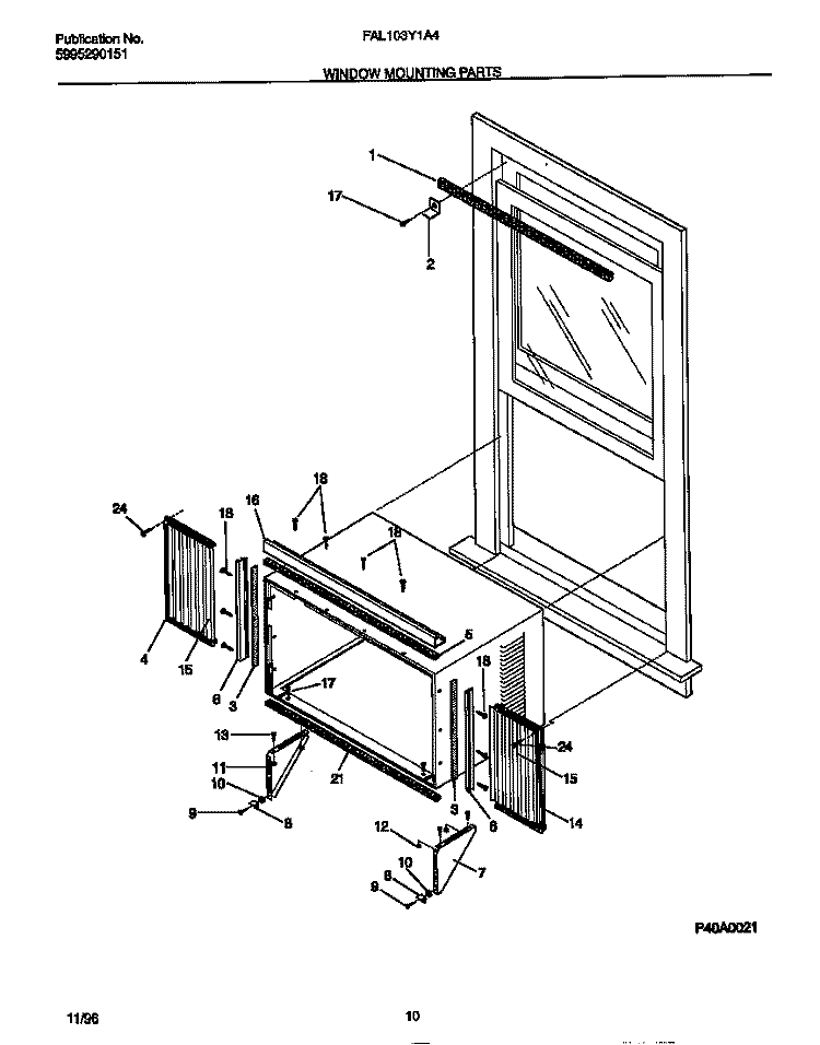 WINDOW MOUNTING PARTS Diagram and Parts List for FAL103Y1A4  Frigidaire Air Conditioner