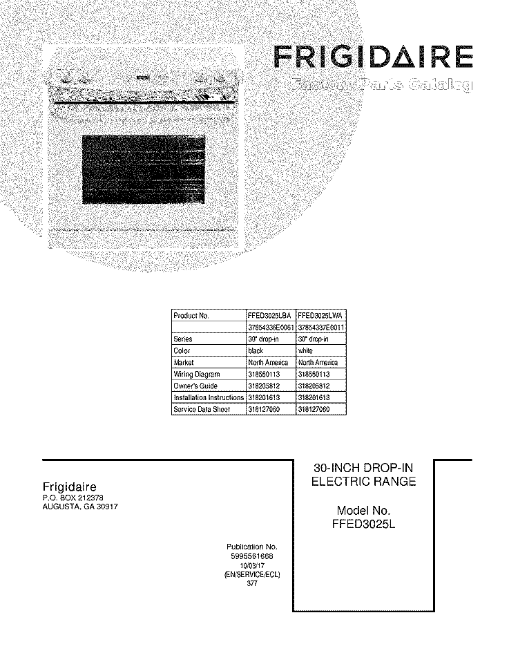 COVER Diagram and Parts List for FFED3025LBA  Frigidaire Wall Oven