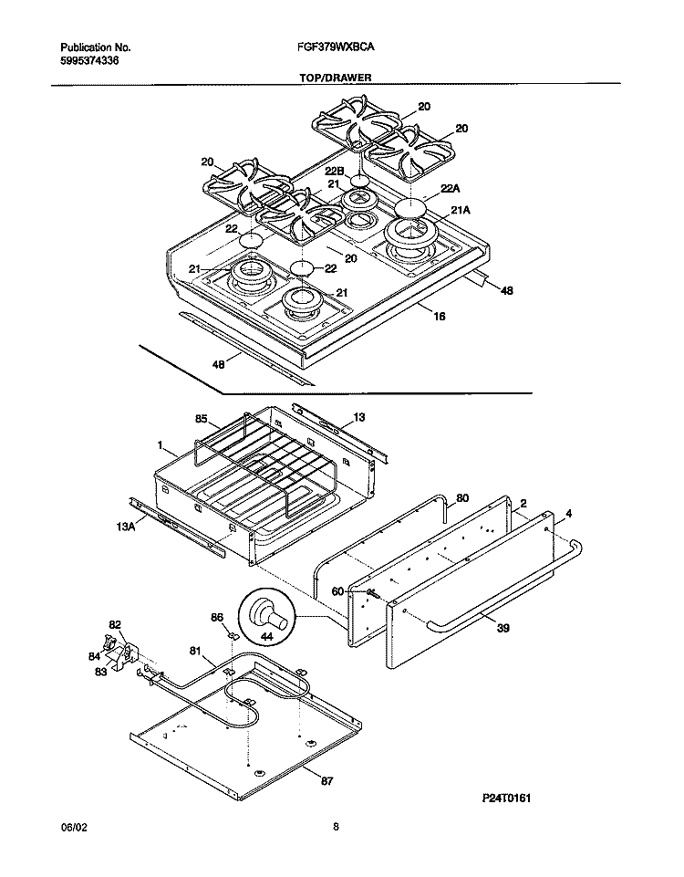 TOP / DRAWER Diagram and Parts List for FGF379WXBCA  Frigidaire Range
