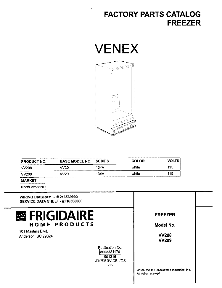 COVER Diagram and Parts List for VV209  Frigidaire Freezer