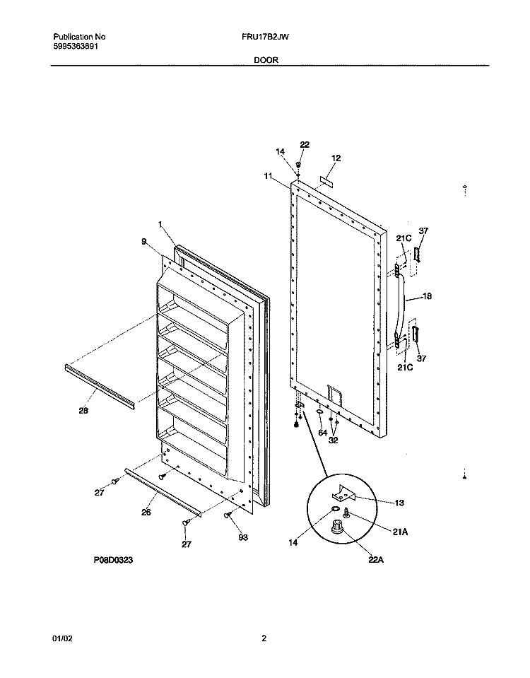 DOOR Diagram and Parts List for FRU17B2JW1  Frigidaire Refrigerator