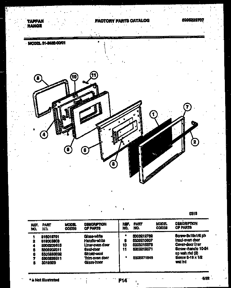 DOOR PARTS Diagram and Parts List for 31-2452-00-01  Tappan Range
