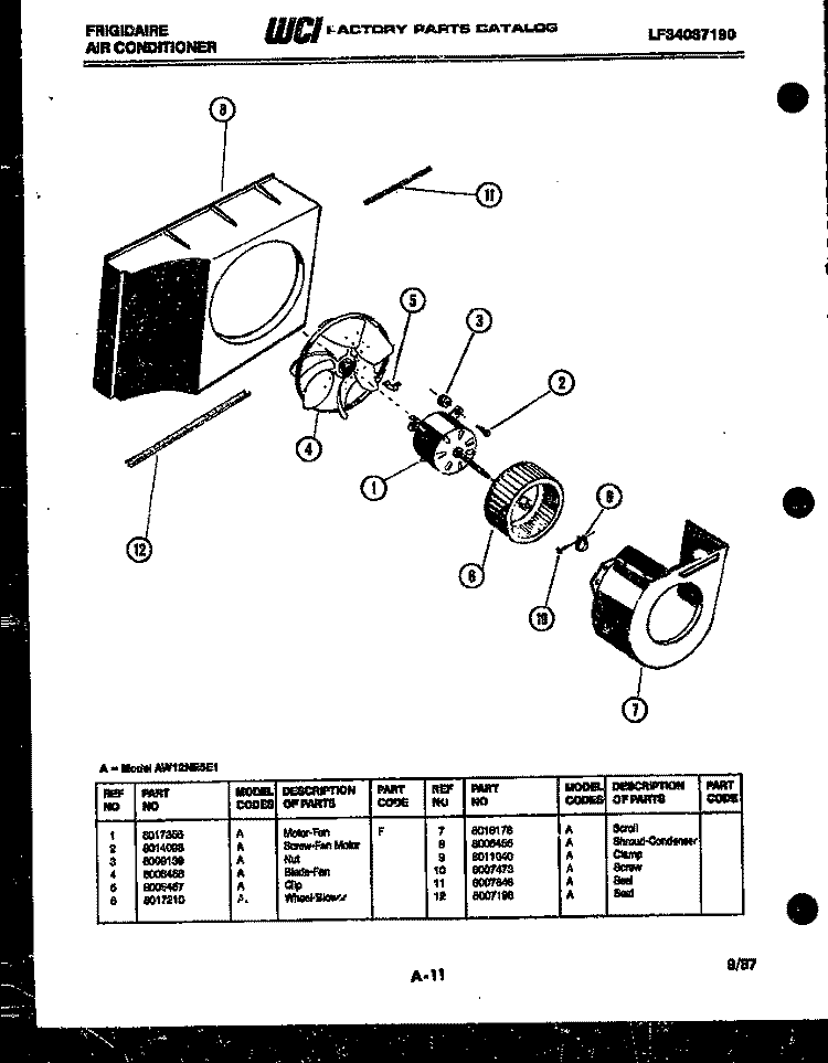 AIR HANDLING PARTS Diagram and Parts List for AW12NE5E1  Frigidaire Air Conditioner