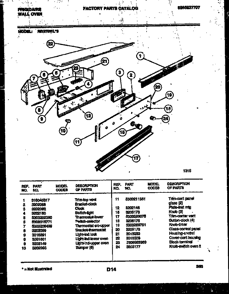CONTROL PANEL Diagram and Parts List for REG78WL3  Frigidaire Wall Oven