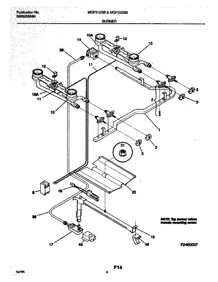 BURNER Diagram and Parts List for MGF322BBWB  Frigidaire Range