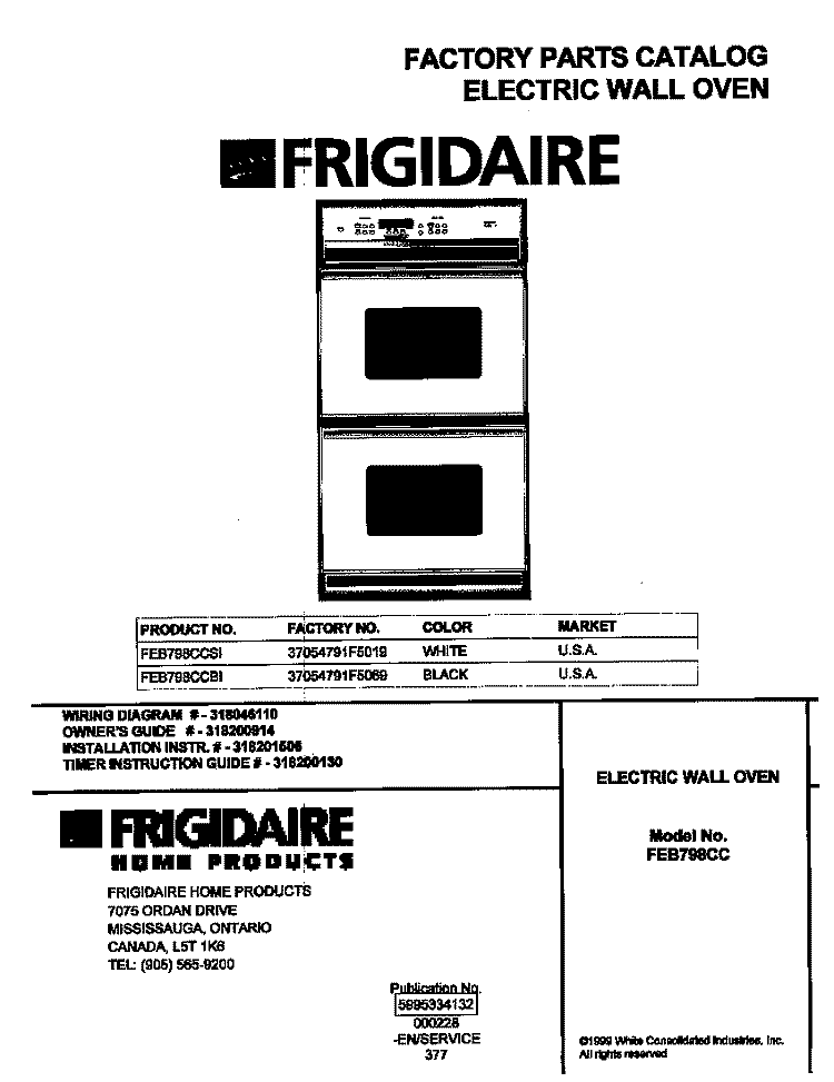 COVER Diagram and Parts List for FEB798CCBI  Frigidaire Wall Oven
