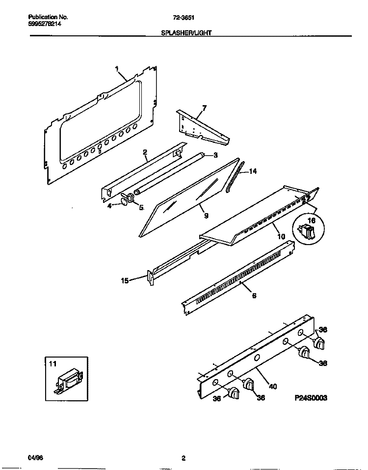 SPLASHER / LIGHT Diagram and Parts List for 72-3651-00-08  Tappan Range