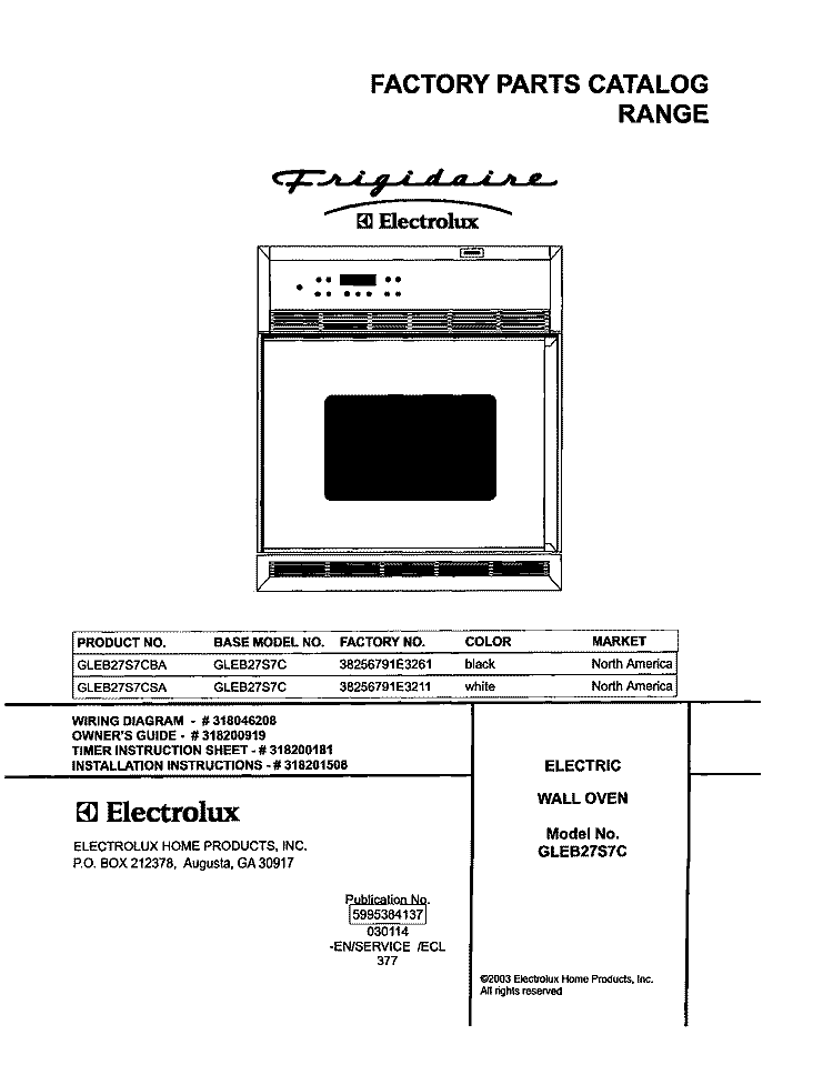 COVER Diagram and Parts List for GLEB27S7CBA  Frigidaire Wall Oven