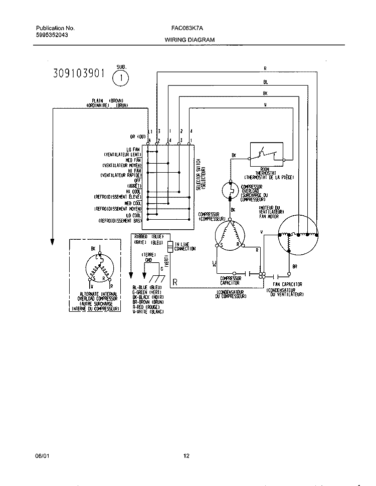 WIRING Diagram and Parts List for FAC083K7A2  Frigidaire Air Conditioner