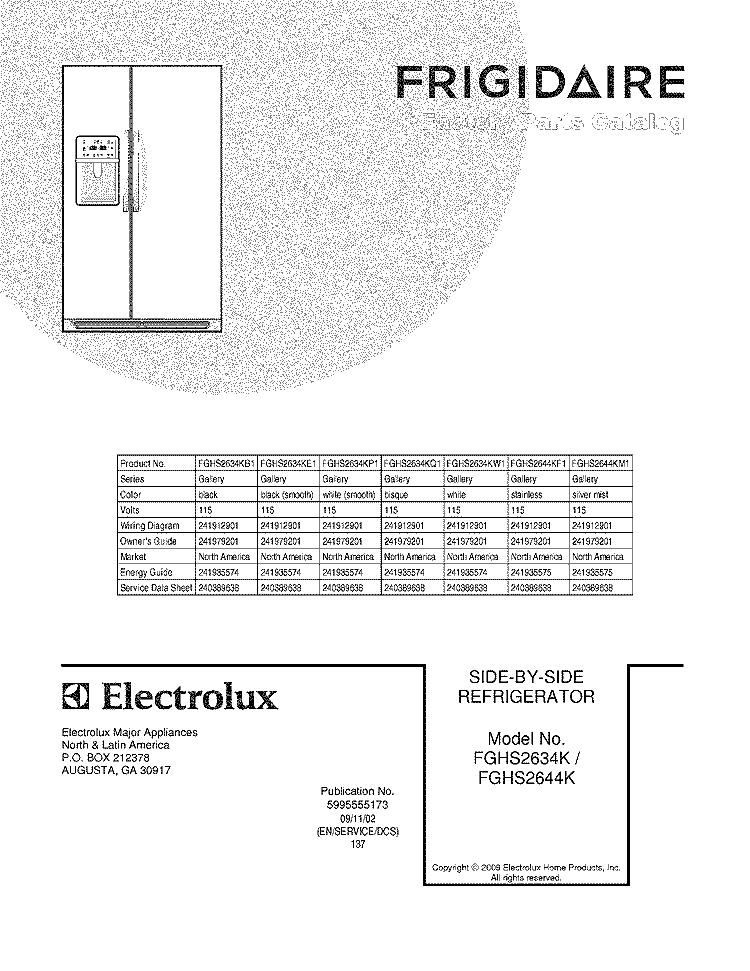 Cover Diagram and Parts List for FGHS2634KQ1  Frigidaire Refrigerator