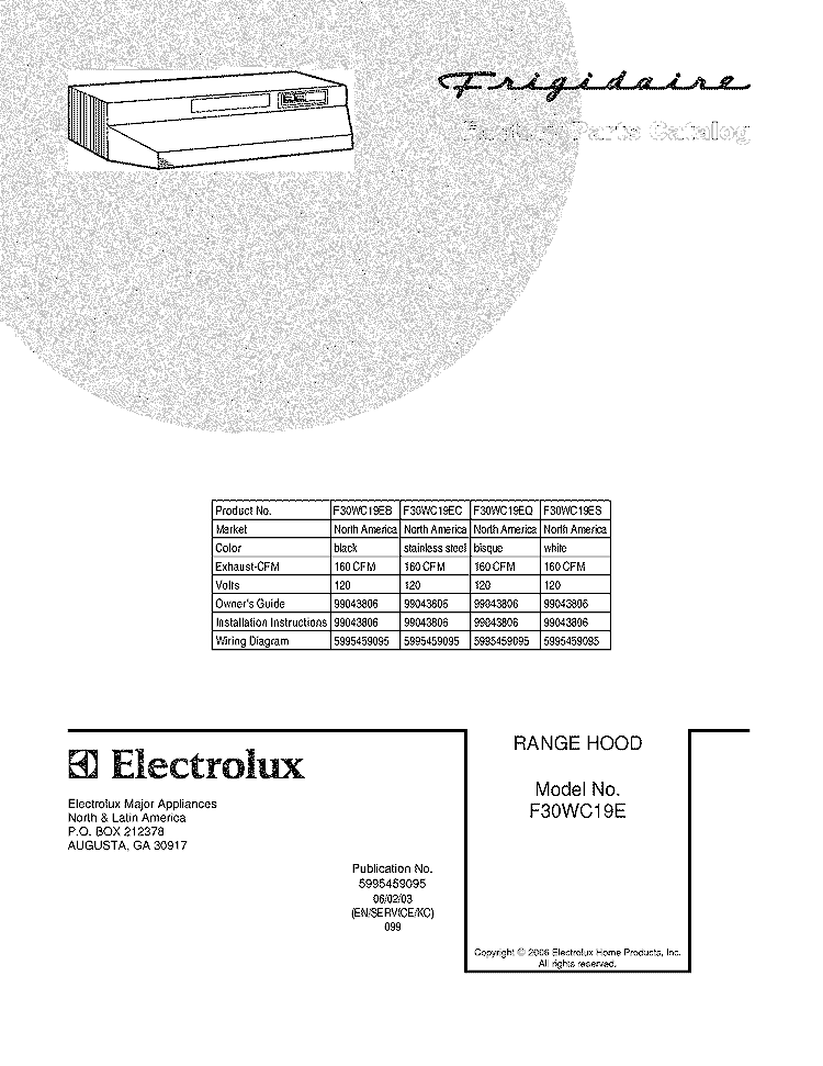 COVER Diagram and Parts List for F30WC19EC  Frigidaire Range Hood