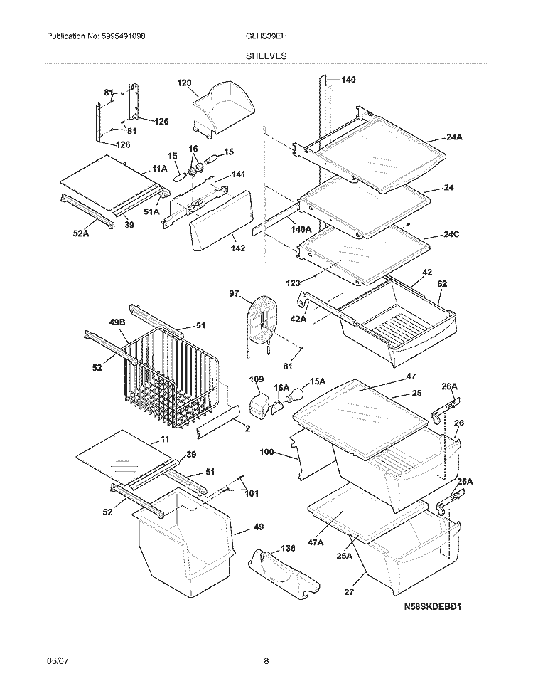 SHELVES Diagram and Parts List for GLHS39EHPB1  Frigidaire Refrigerator