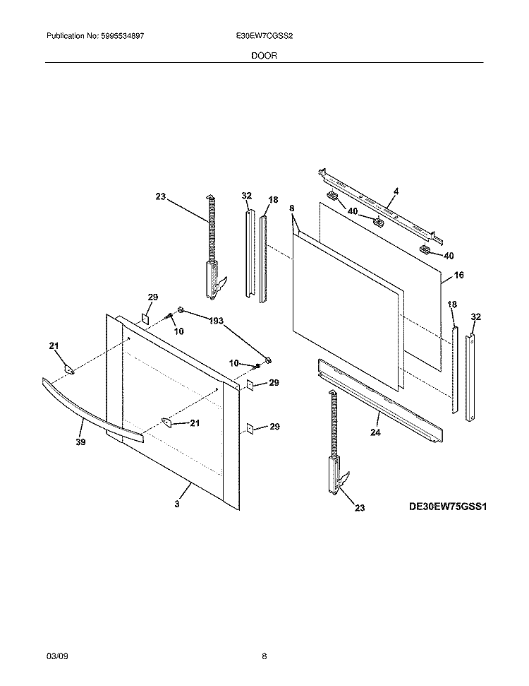 DOOR Diagram and Parts List for E30EW7CGSS2  Electrolux Wall Oven