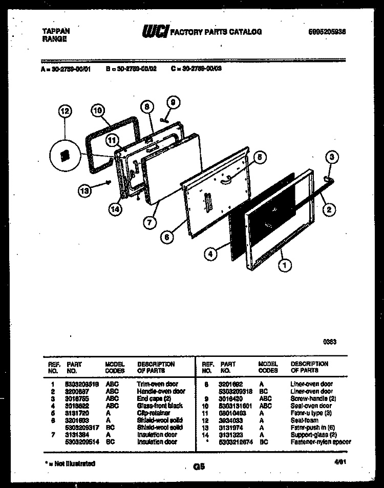 DOOR PARTS Diagram and Parts List for 30-2759-00-03  Tappan Range