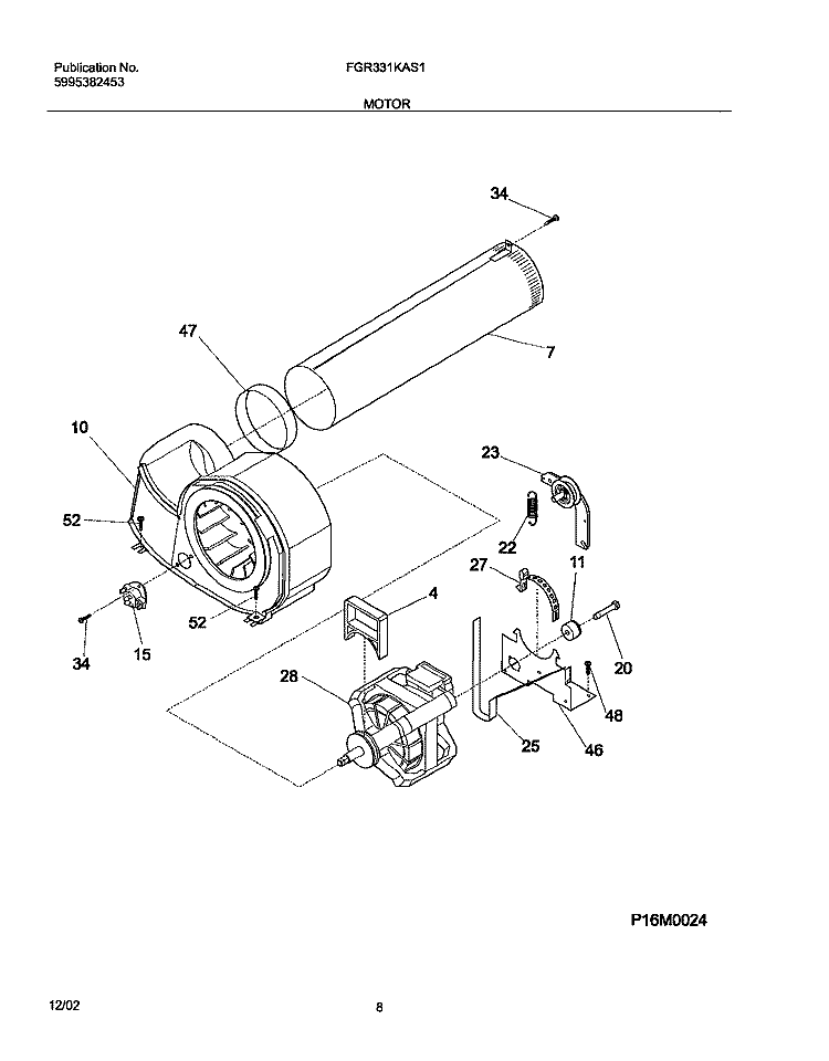 MOTOR Diagram and Parts List for FGR331KAS1  Frigidaire Dryer