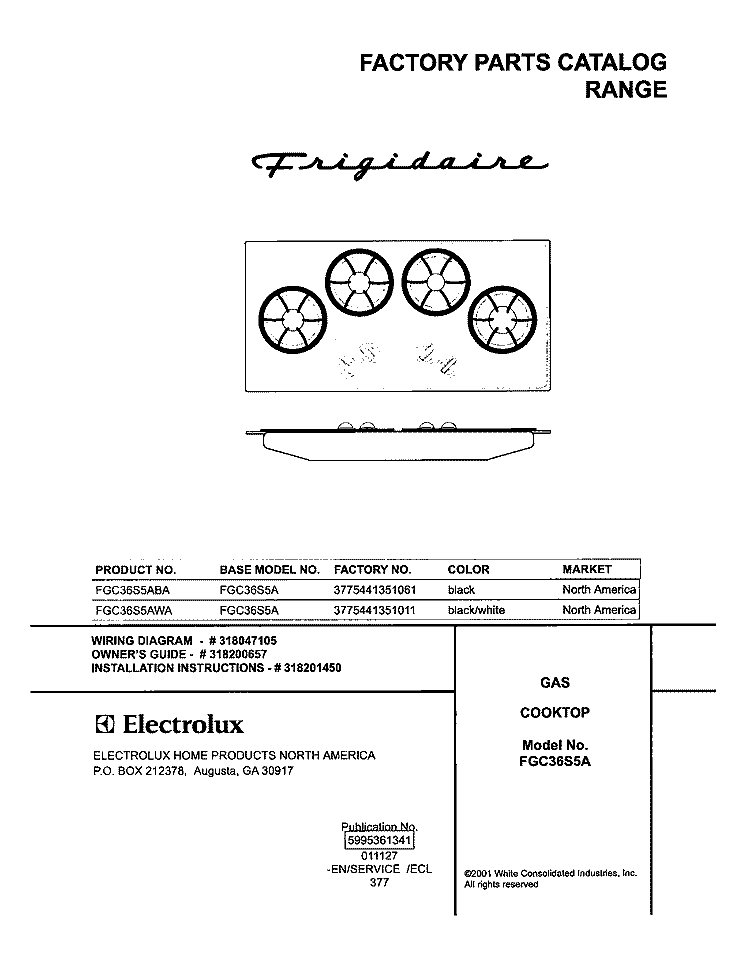 COVER Diagram and Parts List for FGC36S5AWA  Frigidaire Cooktop