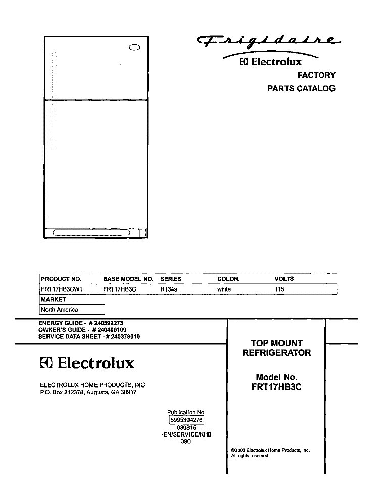 COVER Diagram and Parts List for FRT17HB3CW1  Frigidaire Refrigerator