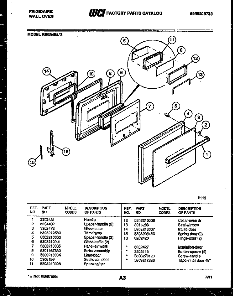 DOOR PARTS Diagram and Parts List for REG94BL3  Frigidaire Wall Oven
