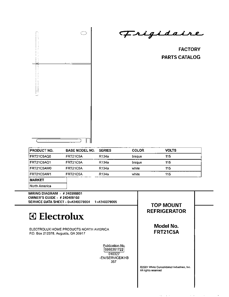 COVER Diagram and Parts List for FRT21C5AQ1  Frigidaire Refrigerator