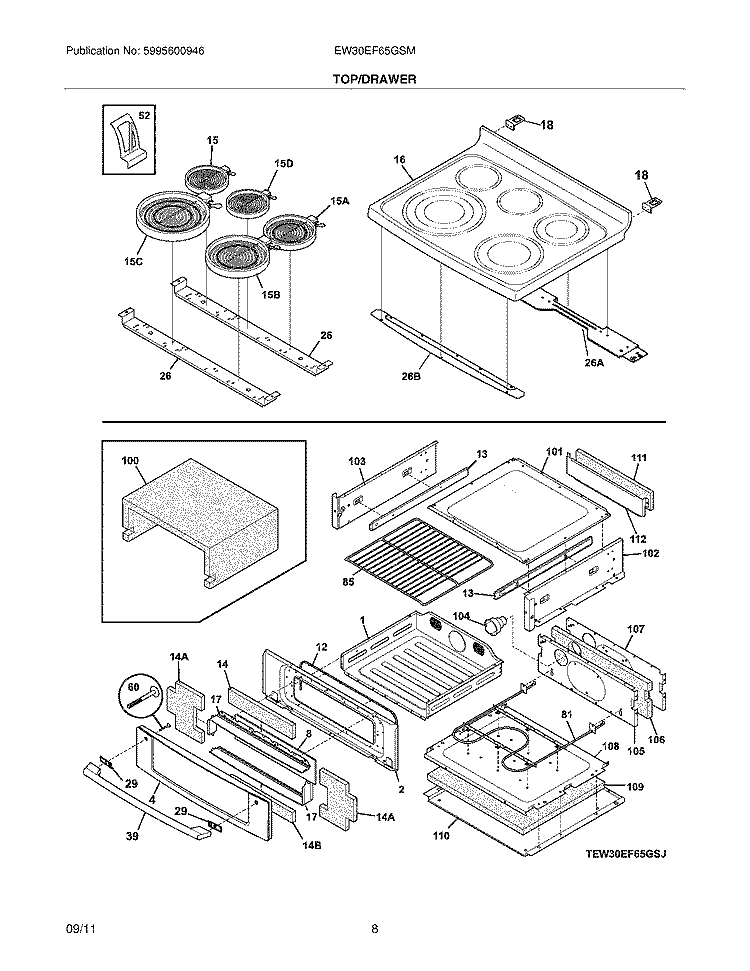 TOP/DRAWER Diagram and Parts List for EW30EF65GSM  Electrolux Range