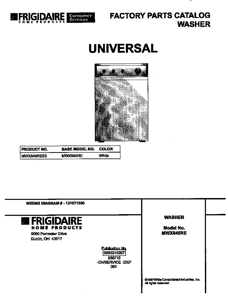 COVER Diagram and Parts List for MWX645RES3  Frigidaire Washer