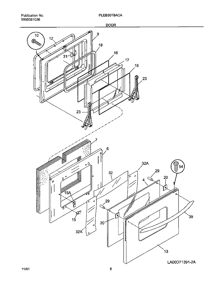 DOORS Diagram and Parts List for PLEB30T8ACA  Frigidaire Wall Oven
