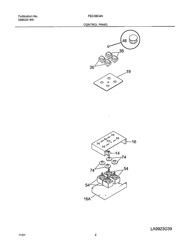 CONTROL PANEL Diagram and Parts List for FEC36C4ACA  Frigidaire Cooktop