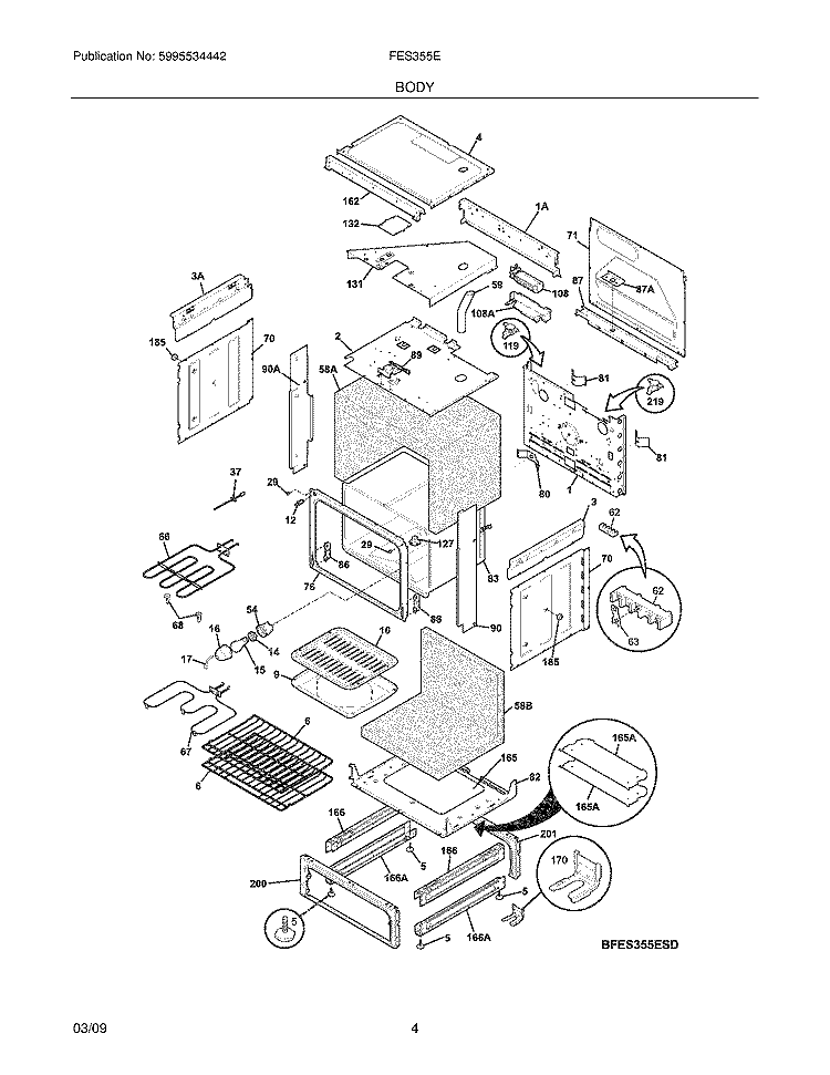 BODY Diagram and Parts List for FES355EBD  Frigidaire Range