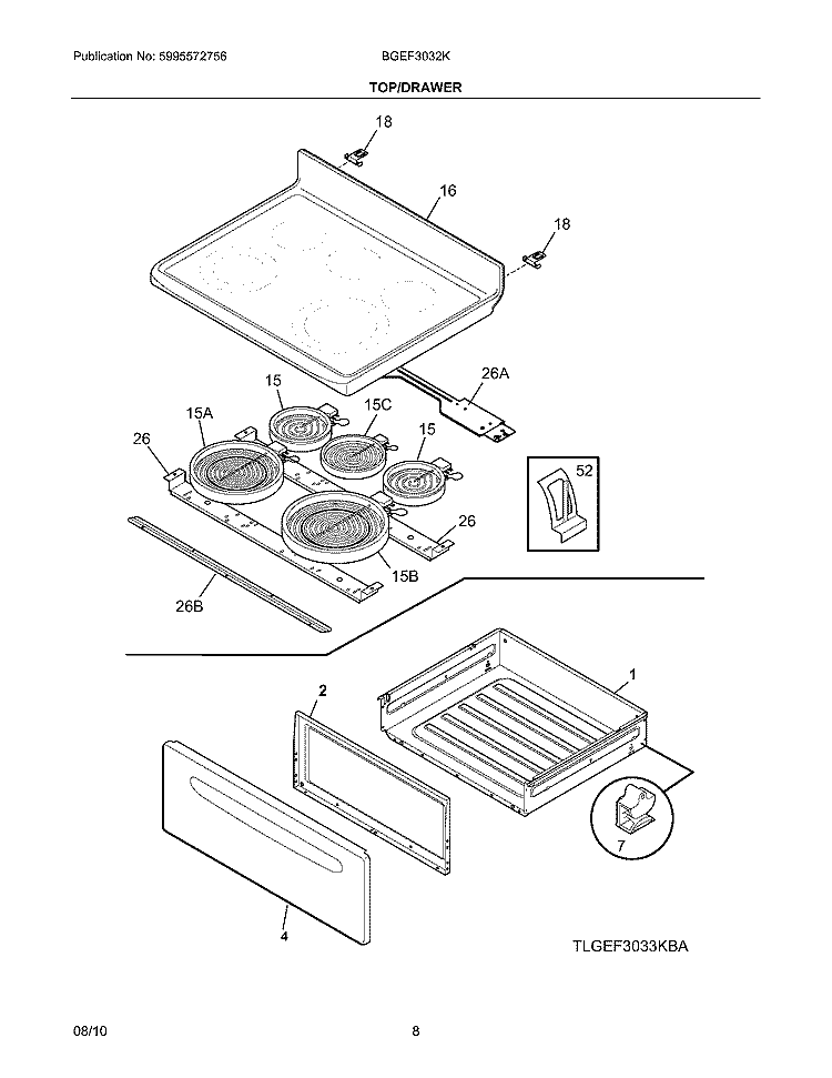 TOP/DRAWER Diagram and Parts List for BGEF3032KBC  Frigidaire Range
