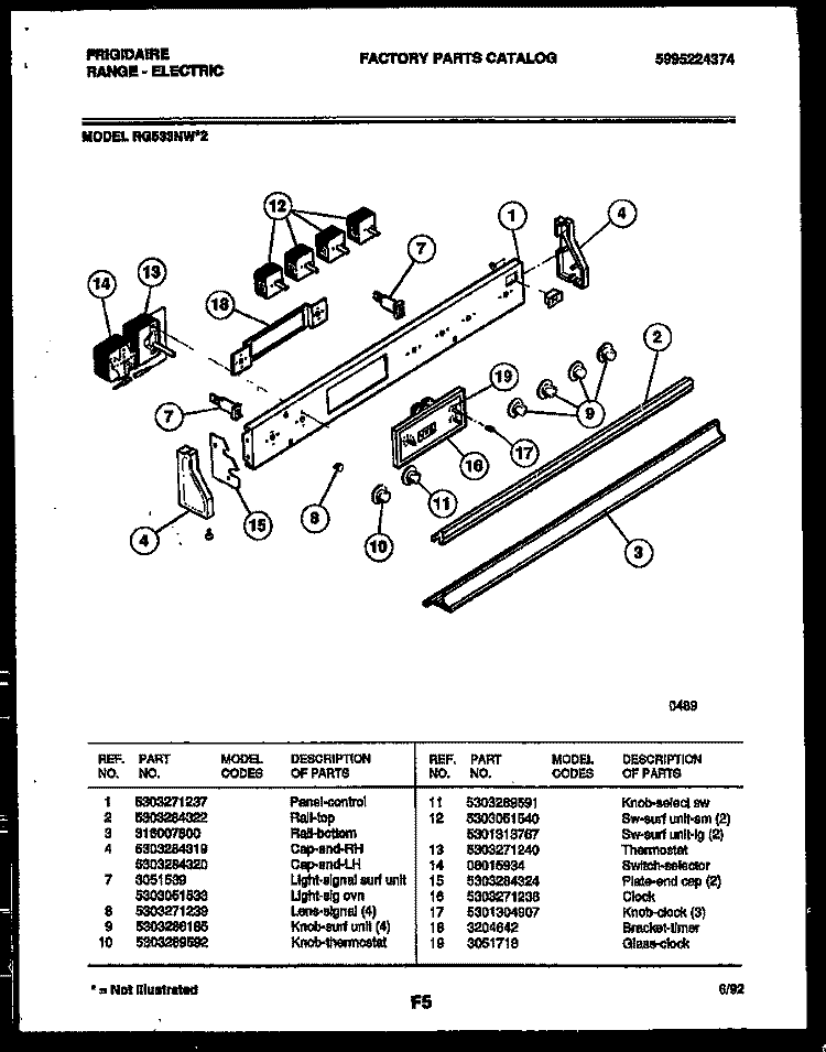 CONTROL PANEL Diagram and Parts List for RG533NL2  Frigidaire Range