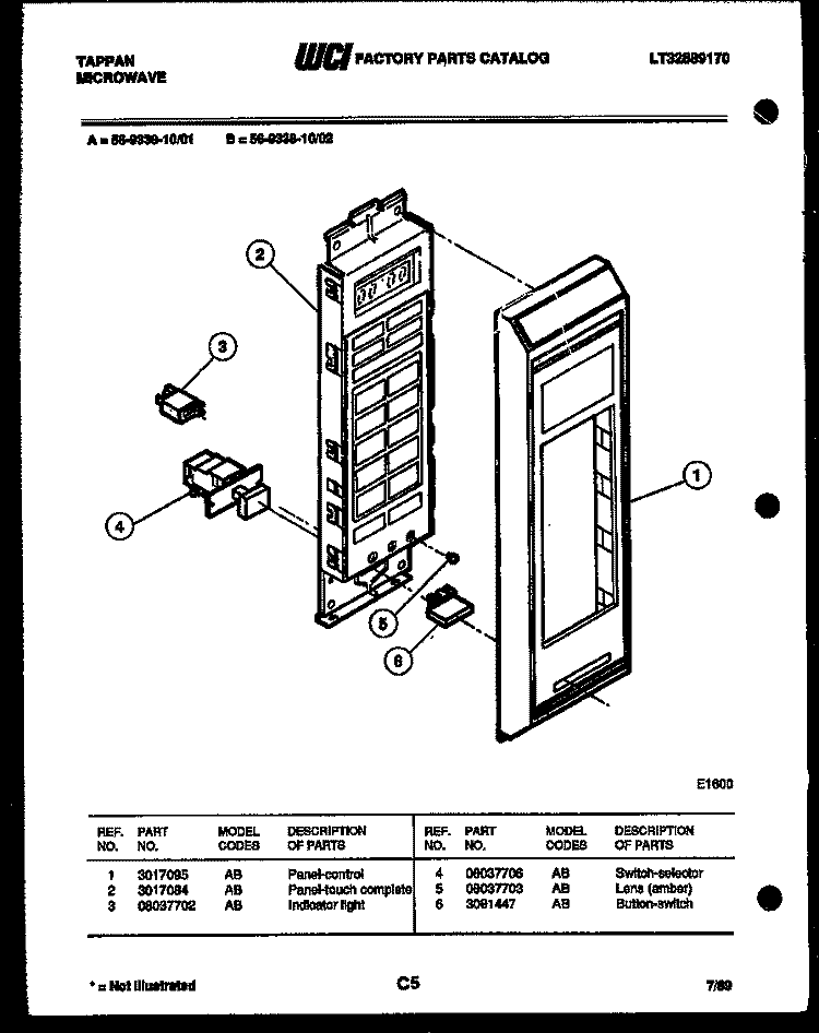 CONTROL PANEL Diagram and Parts List for 56-9338-00-02  Tappan Microwave
