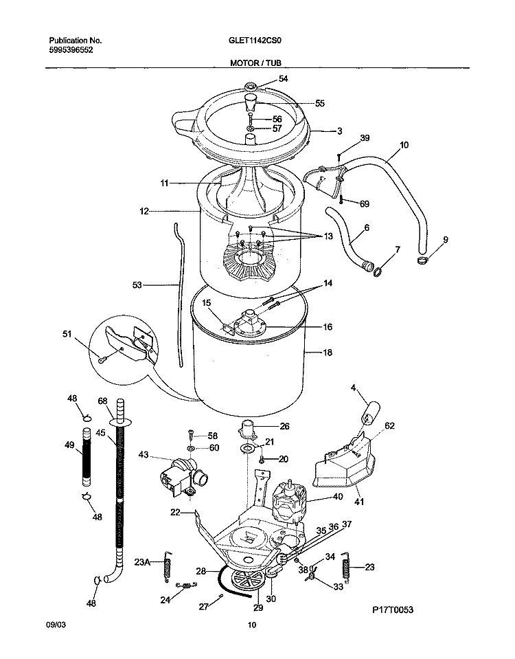 MOTOR / TUB Diagram and Parts List for GLET1142CS0  Frigidaire Washer Dryer Combo