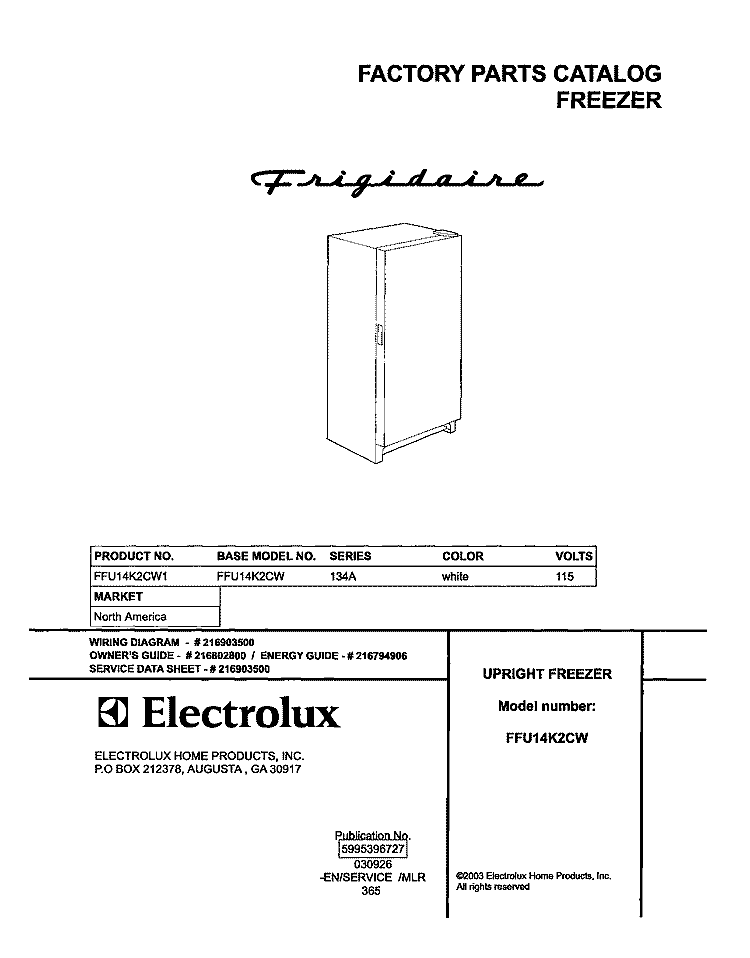 COVER Diagram and Parts List for FFU14K2CW1  Frigidaire Freezer