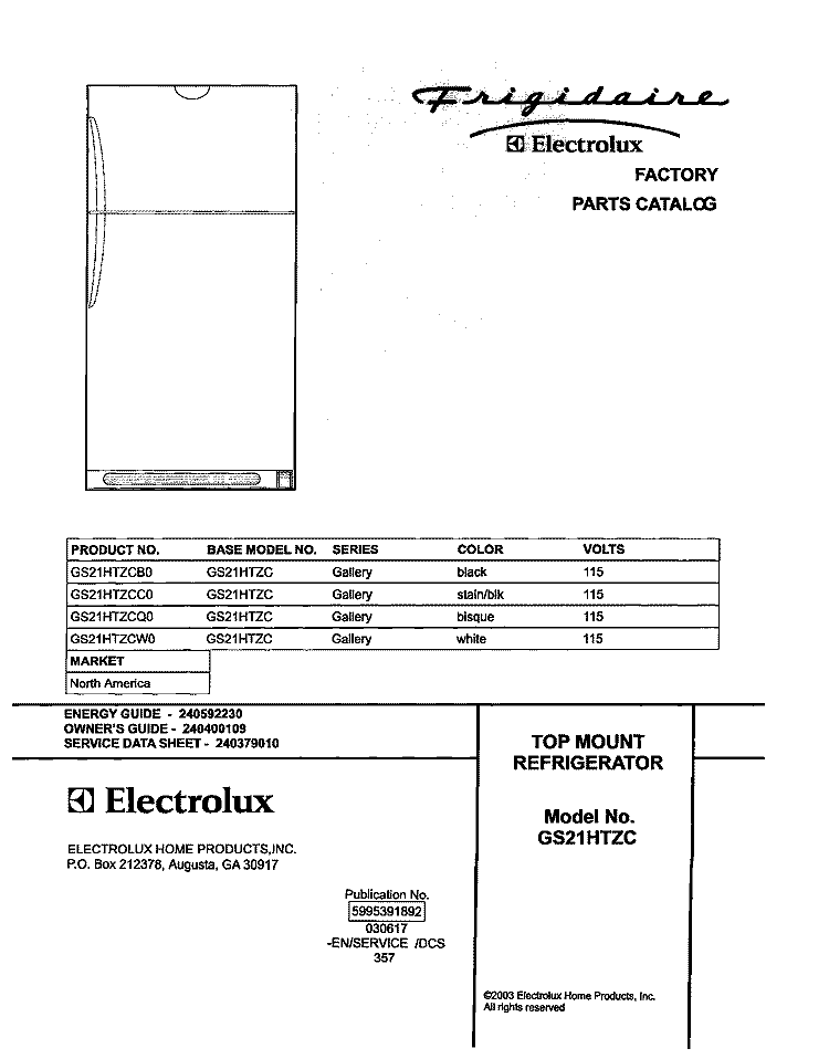 COVER Diagram and Parts List for GS21HTZCC0  Frigidaire Refrigerator