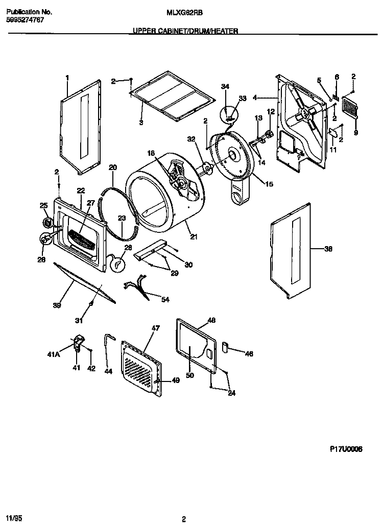 UPPER CABINET / DRUM / HEATER Diagram and Parts List for MLXG62RBW2  Frigidaire Washer Dryer Combo