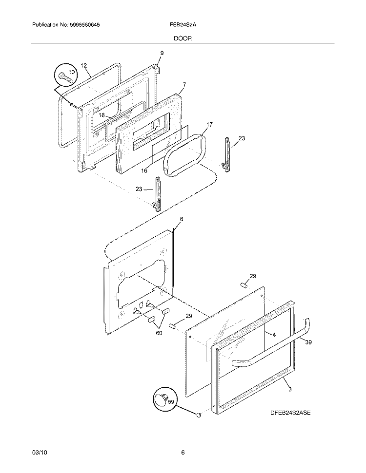 DOOR Diagram and Parts List for FEB24S2ABE  Frigidaire Wall Oven
