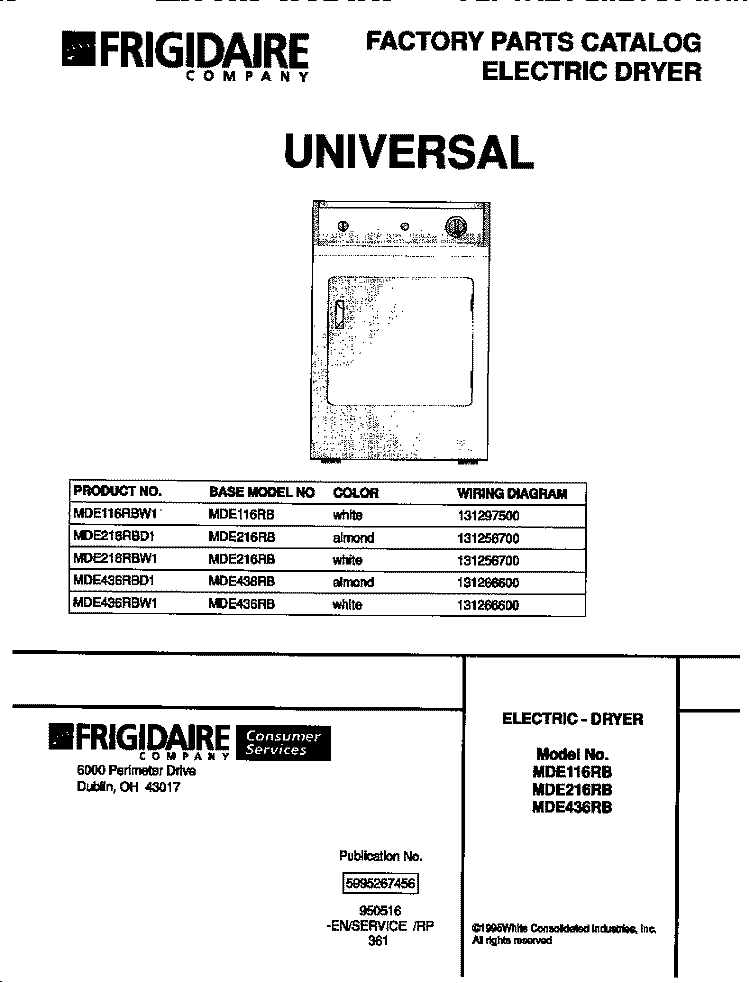 COVER Diagram and Parts List for MDE216RBD1  Frigidaire Dryer