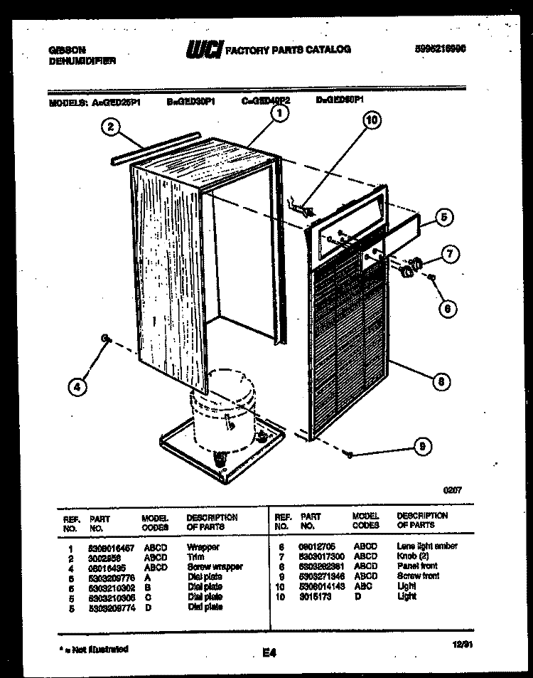 CABINET AND CONTROL PARTS Diagram and Parts List for GED50P1  Gibson Dehumidifier