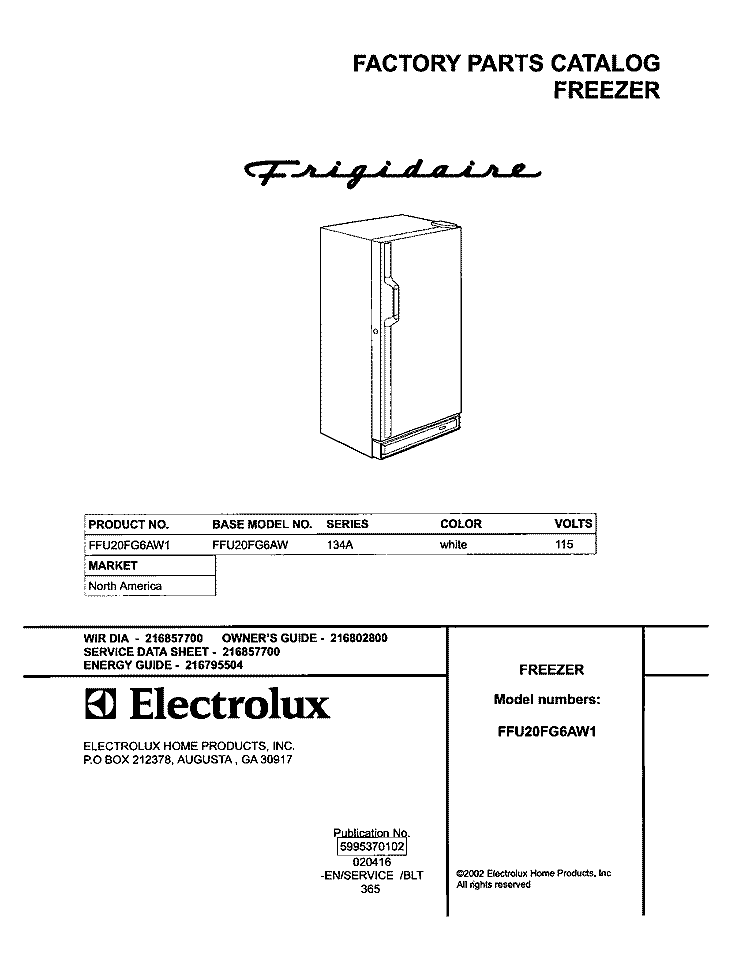 COVER Diagram and Parts List for FFU20FG6AW1  Frigidaire Freezer